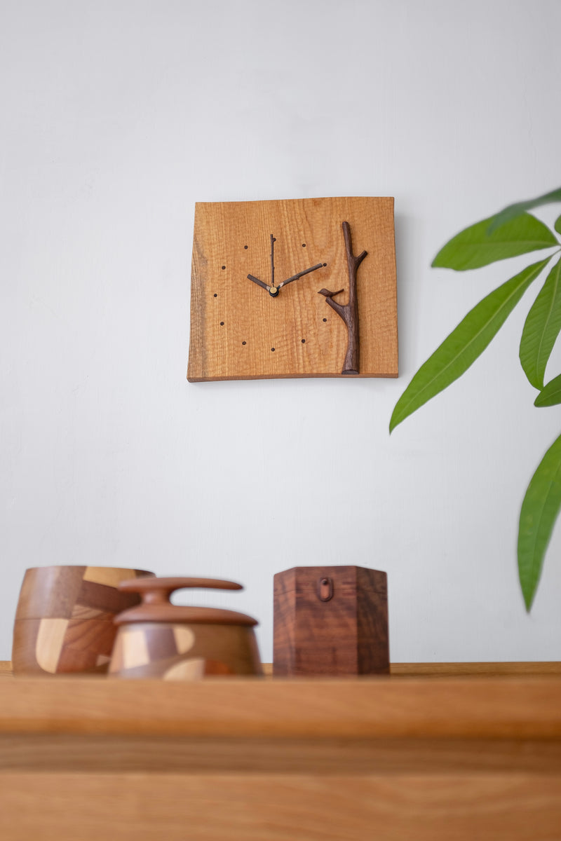 Handcrafted Wooden Clock Tree & Bird