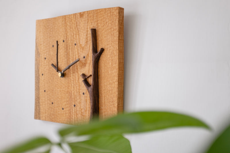 Handcrafted Wooden Clock Tree & Bird